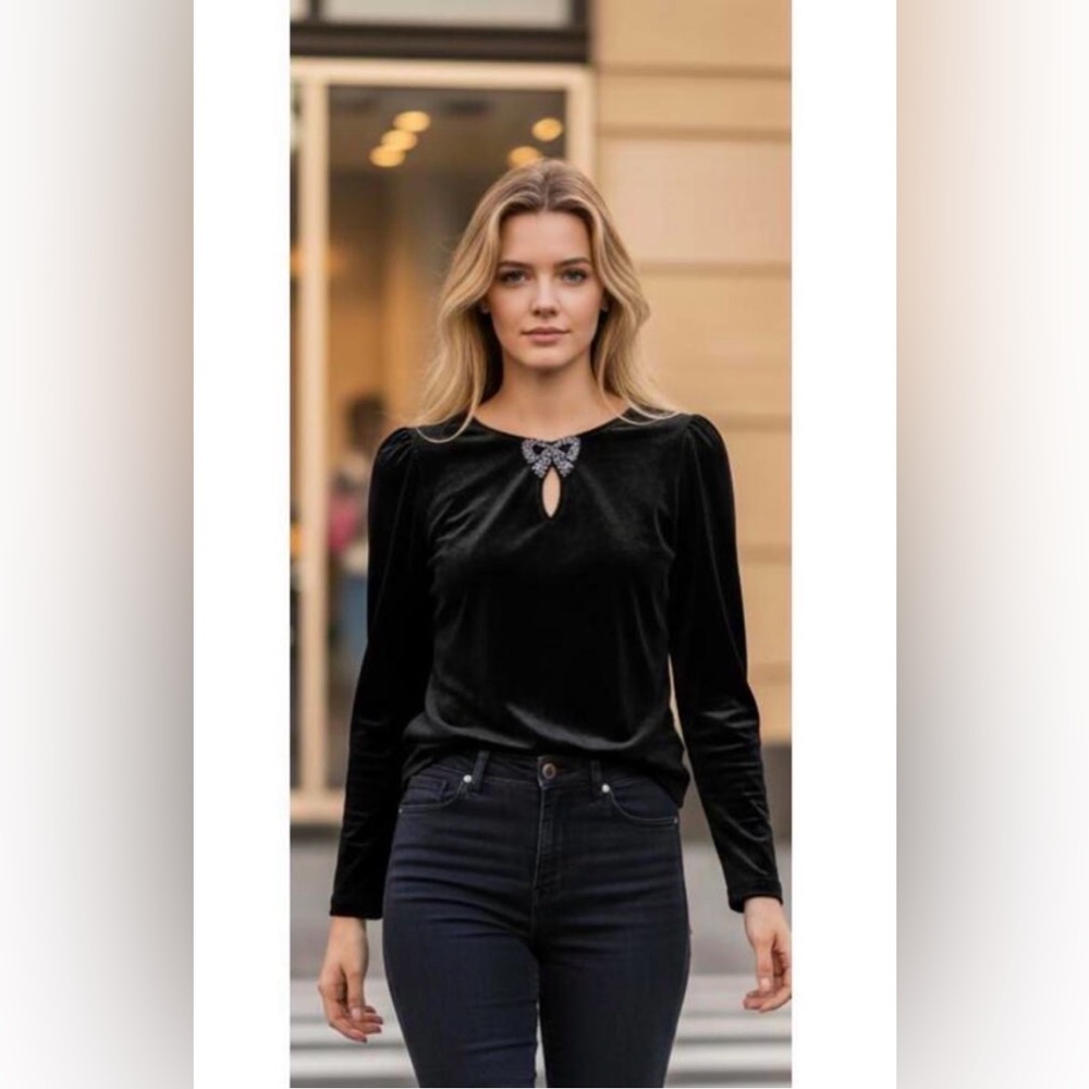 EUC Loft Black Long Sleeved Velvet Top with Bow Beaded Accent in Size Small